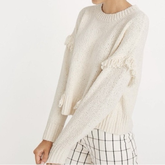 Madewell Sweaters - Madewell Montford Fringe Pullover Cream Crew Neck Sweater Cotton Blend Sz S